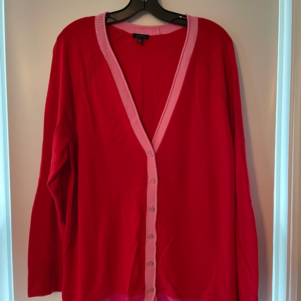 Talbots Red and Pink Cardigan Sweater V-Neck Knit